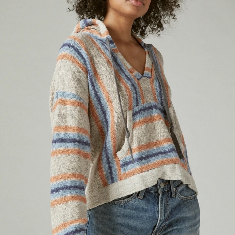 LUCKY BRAND Boho V-Neck Striped Baja Hoodie Sweater M